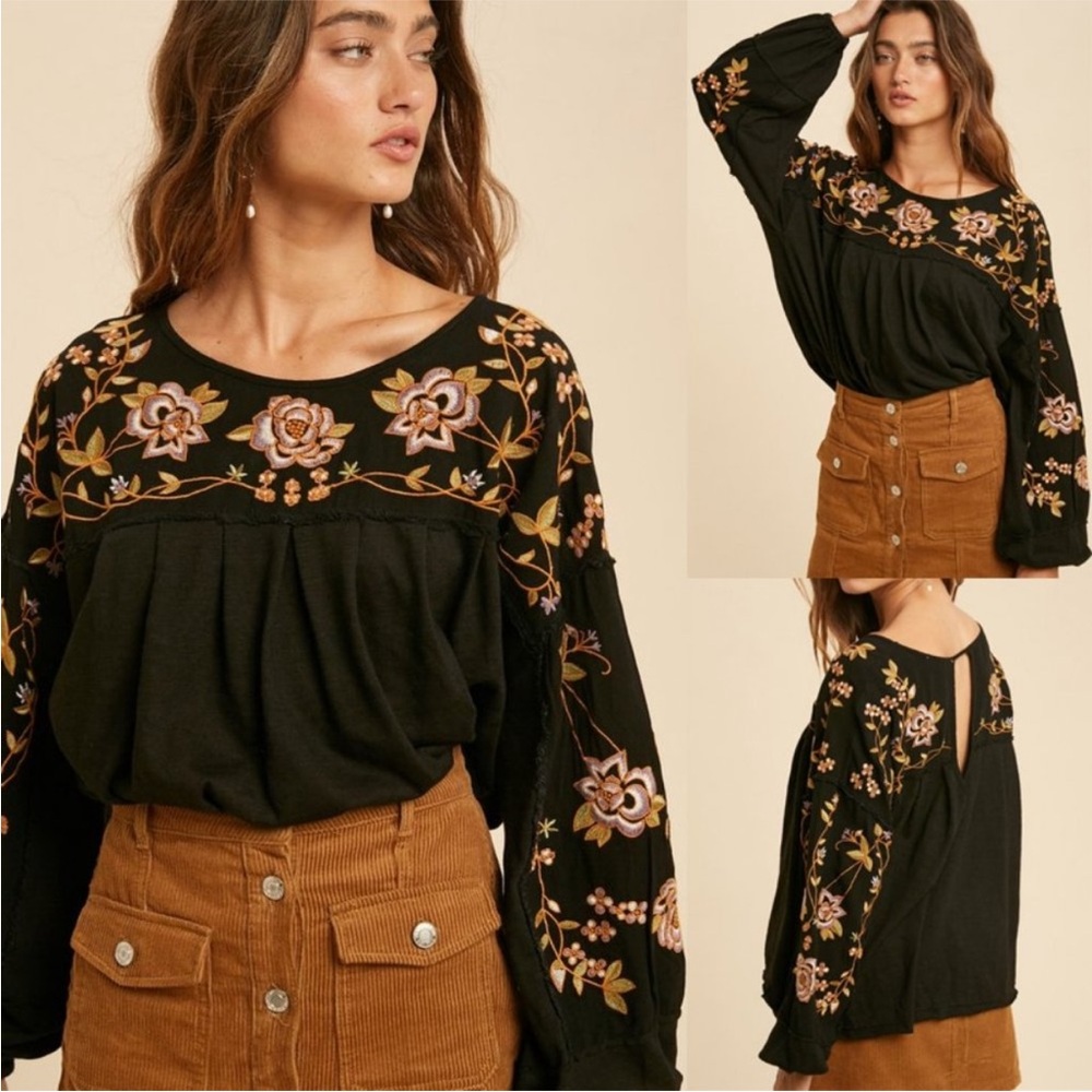 NWT In Loom top Embroidered Floral Long Sleeve pull over‎ L XL *Needs repair
